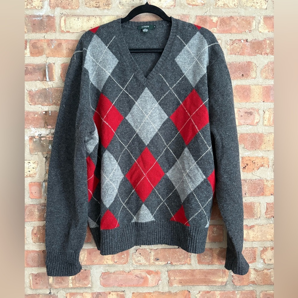 J. Crew men’s lambswool Argyle Sweater Gray and Red XL v neck 90s y2k preppy